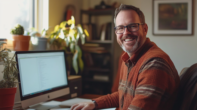 An elderly man sitting in front of his laptop, smiling at the camera